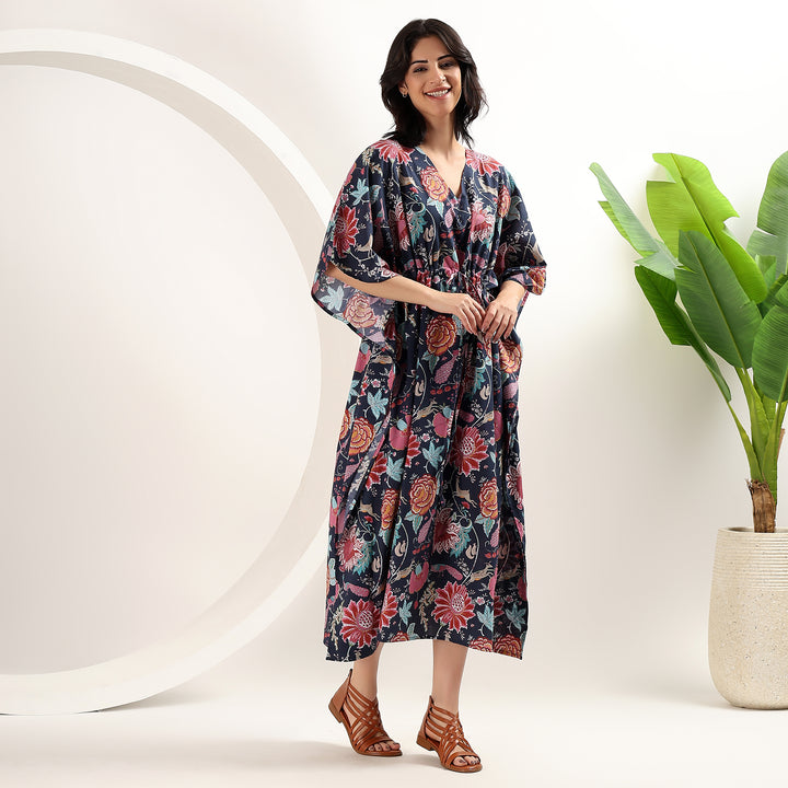 Floral block print cotton kaftan boho dress