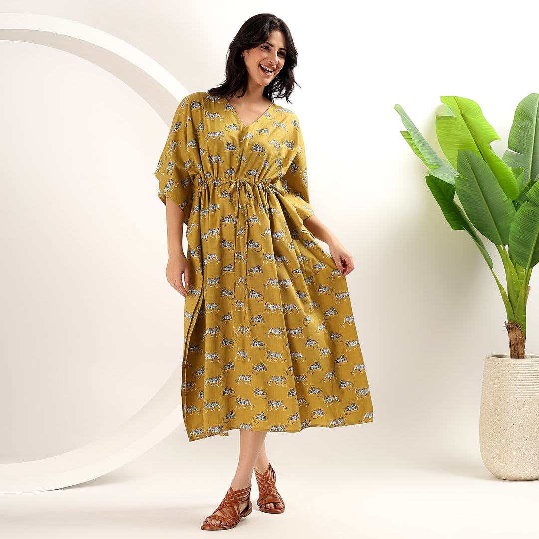 Block printed leopard caftan – stylish cotton boho dress