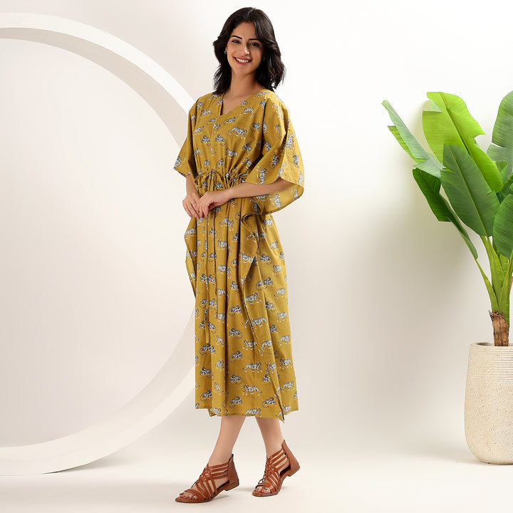 Animal print cotton kaftan – bohemian leopard dress for women