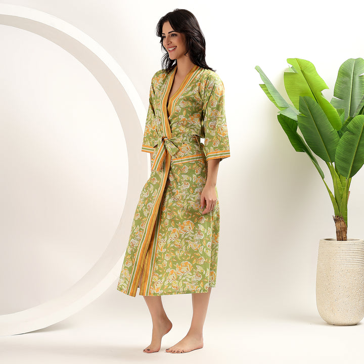 Boho style oversized kimono – floral block printed cotton robe