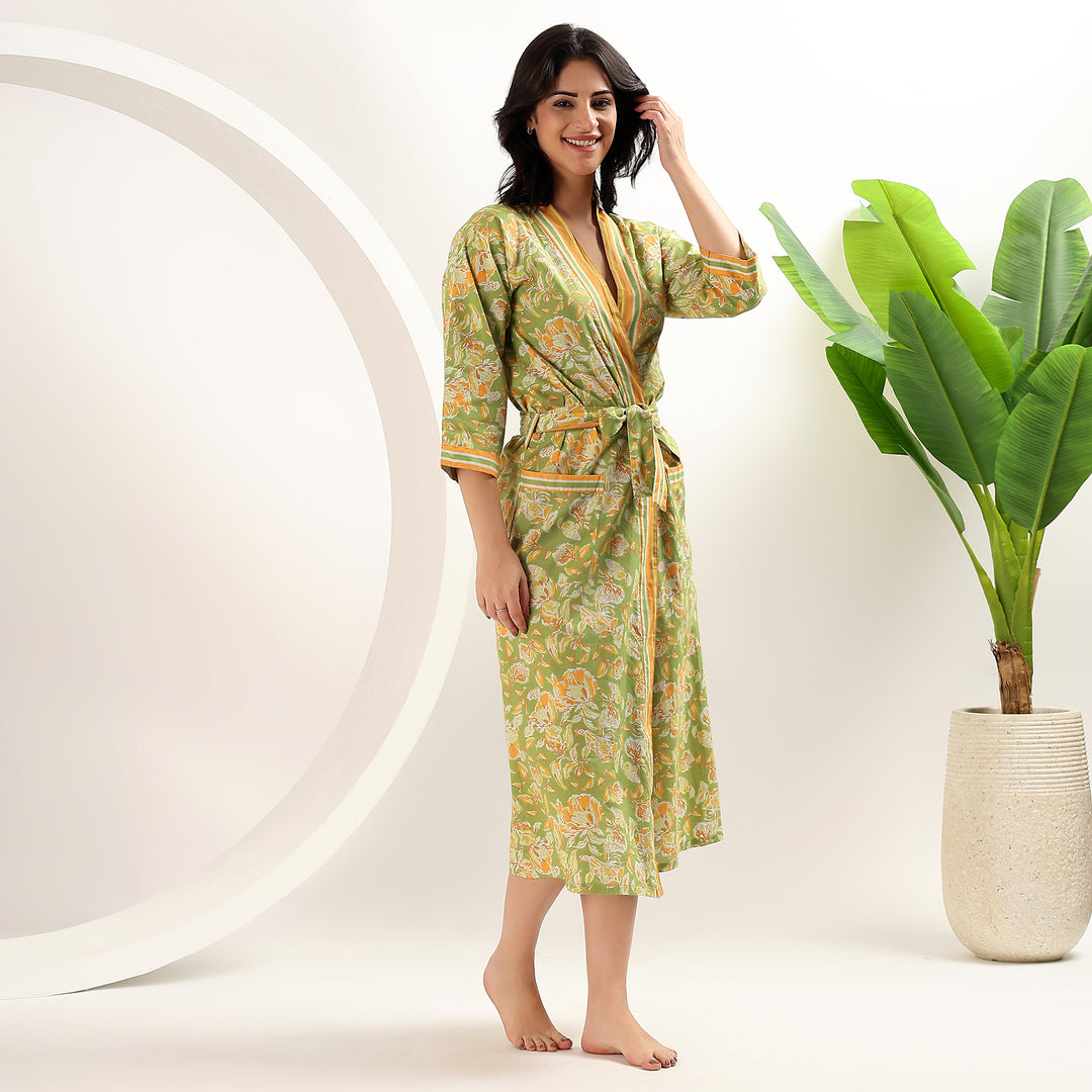 Women’s oversized kimono robe – cotton floral block print design