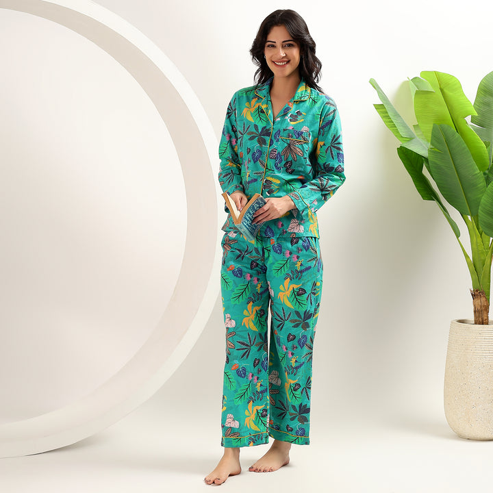Handmade cotton pajama set – tropical floral sleepwear for women