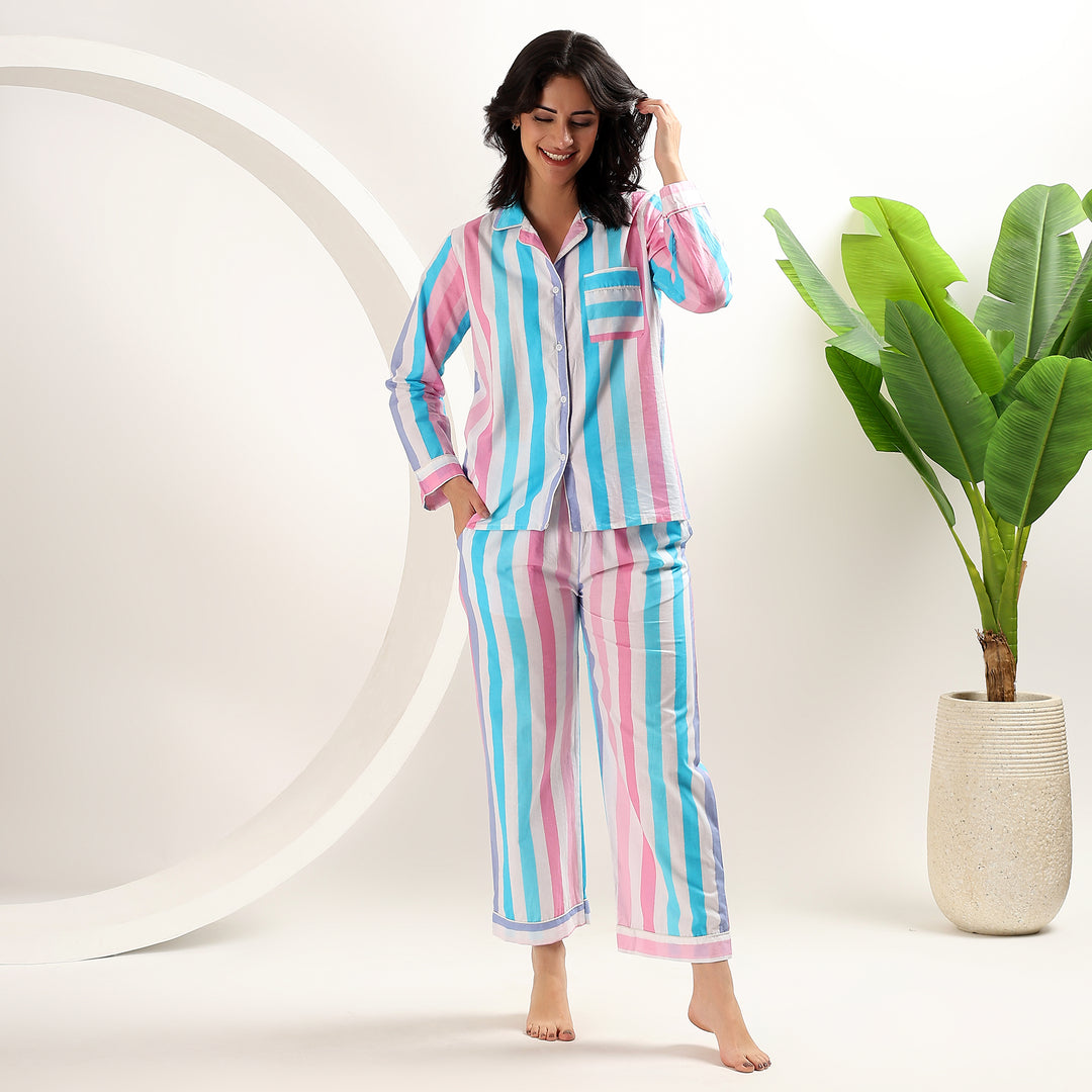 Stripe cotton PJs for women – matching block print pajama set gift