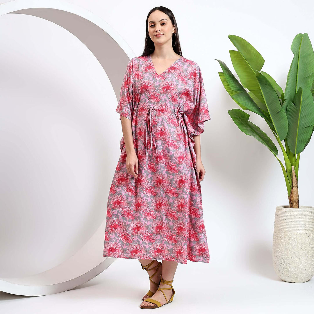 Vintage Kaftan Dress For Women – Indian Block Print Cotton Caftan XXL / Pink / 44 Inches
