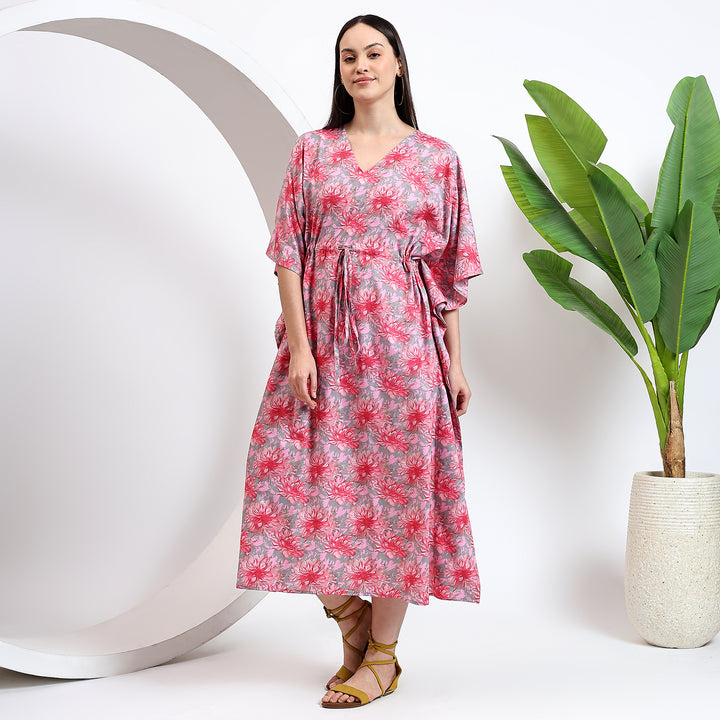 Women’s vintage floral caftan – block printed cotton dress