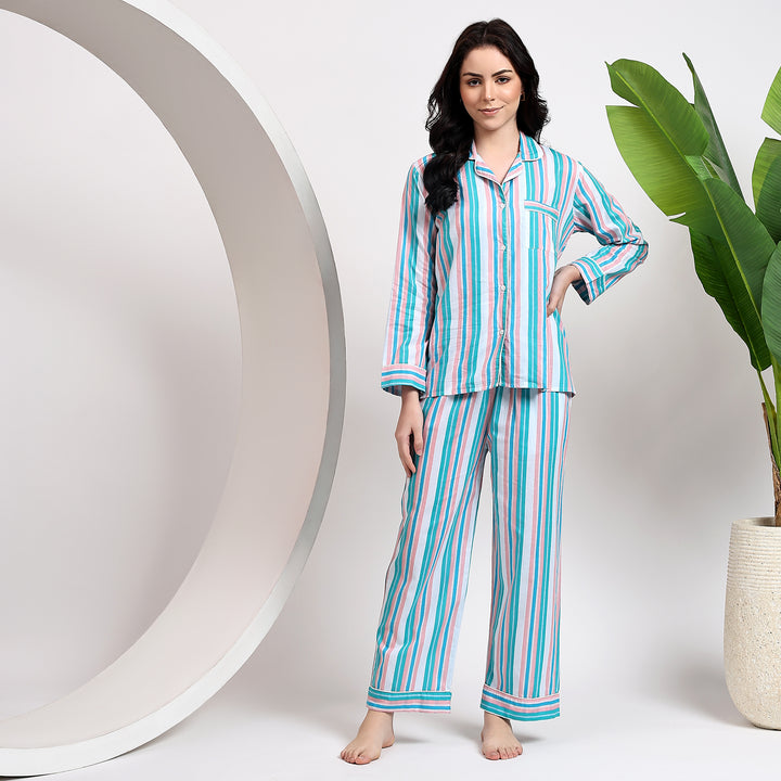 Block print cotton striped pajamas – matching pajama set for women