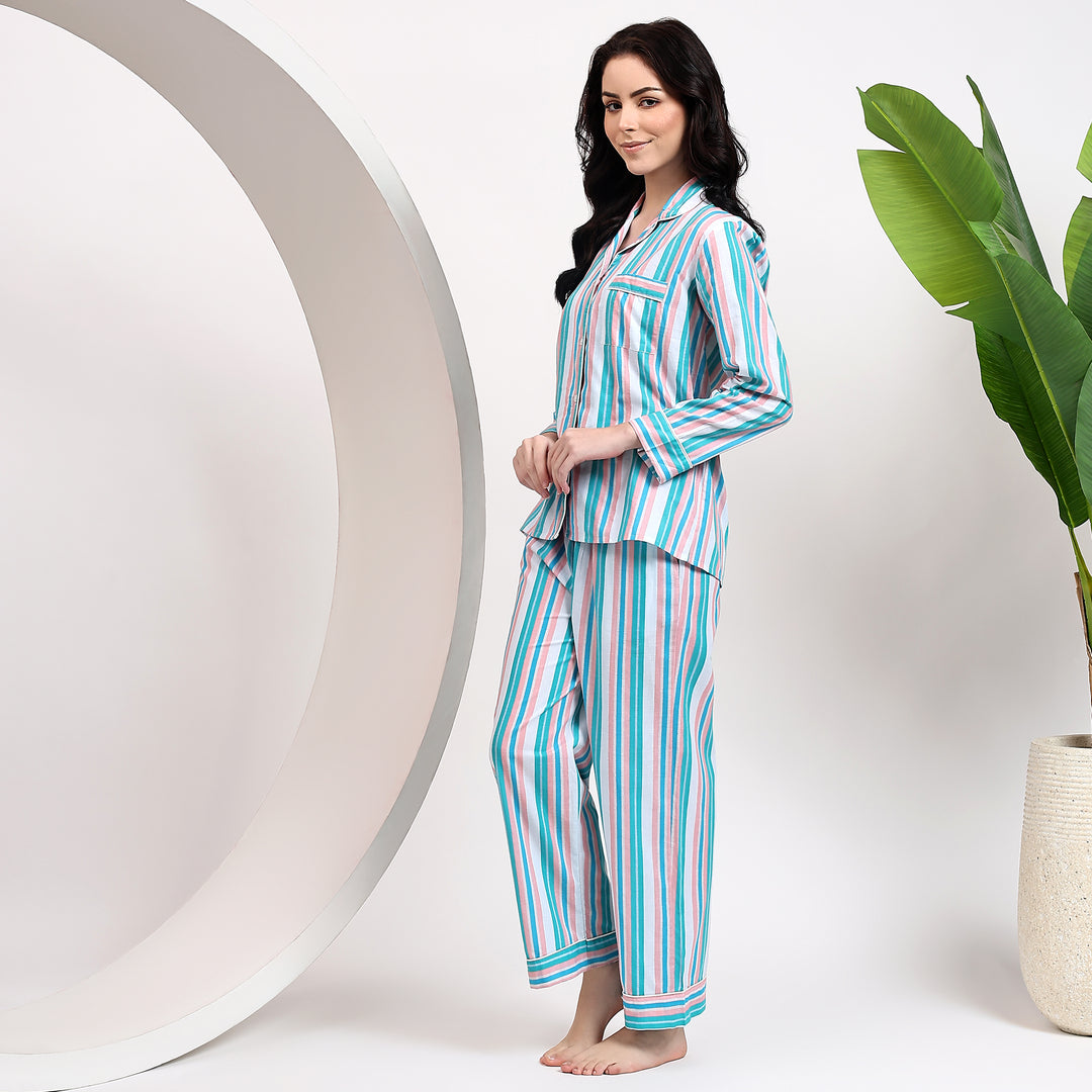 Handmade cotton pajama set – striped block print sleepwear