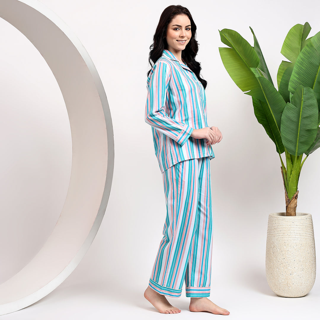 Block print cotton striped pajamas – matching pajama set for women