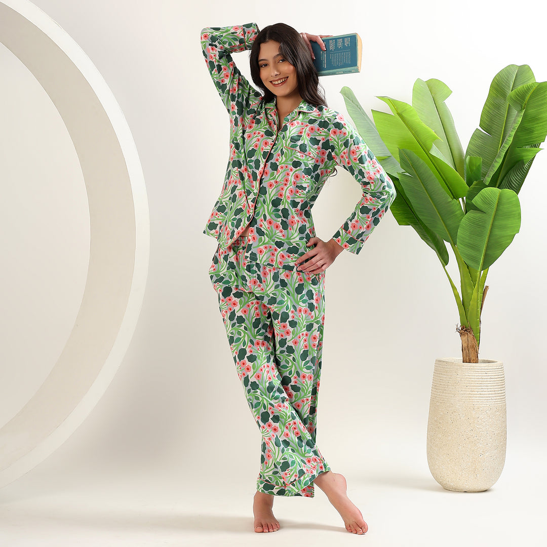 Handmade floral cotton pajama set – Indian block print sleepwear