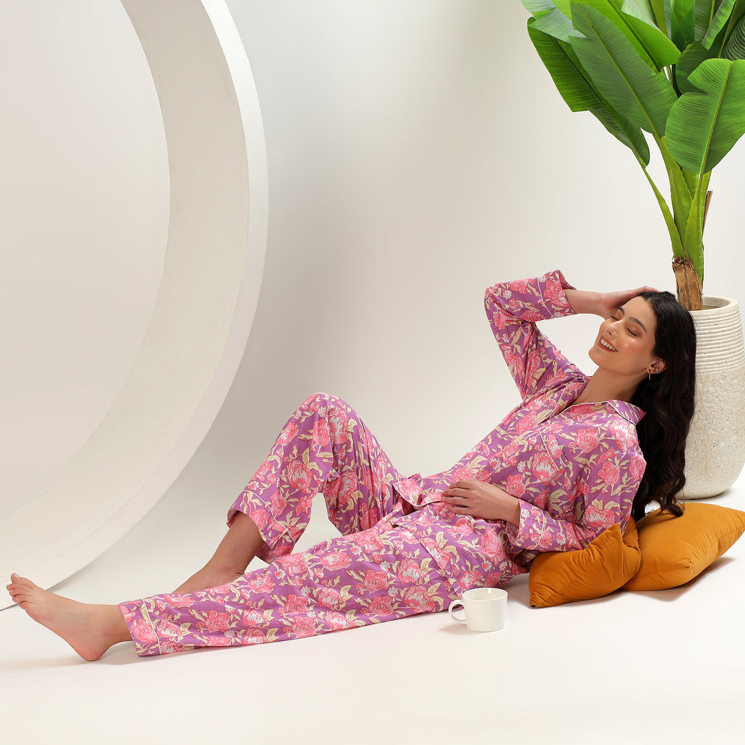 Floral Block Print Pajamas for Women – Indian Cotton PJs Matching PJ Set