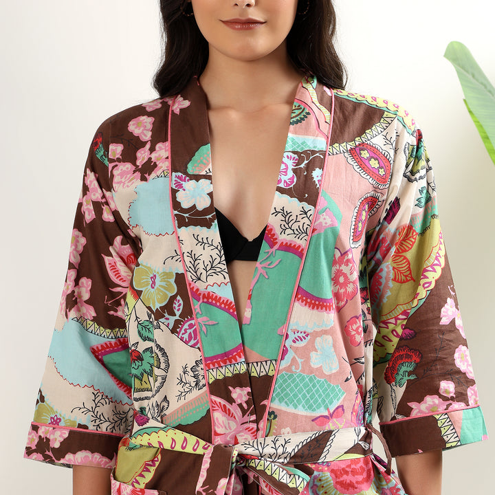 Boho style dressing gown – block print cotton kimono for women