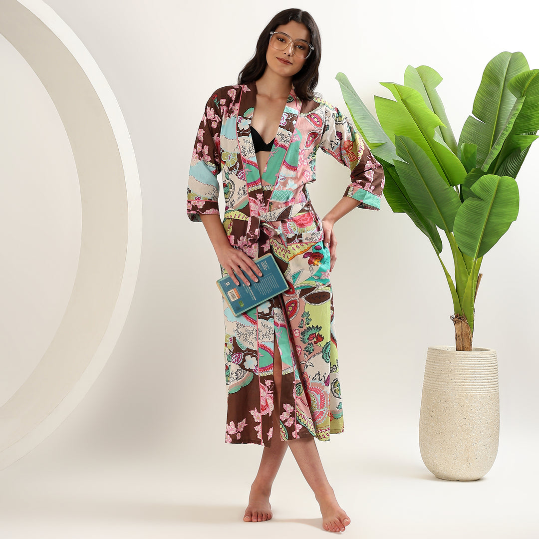 Women’s dressing gown – floral block print cotton kimono bathrobe