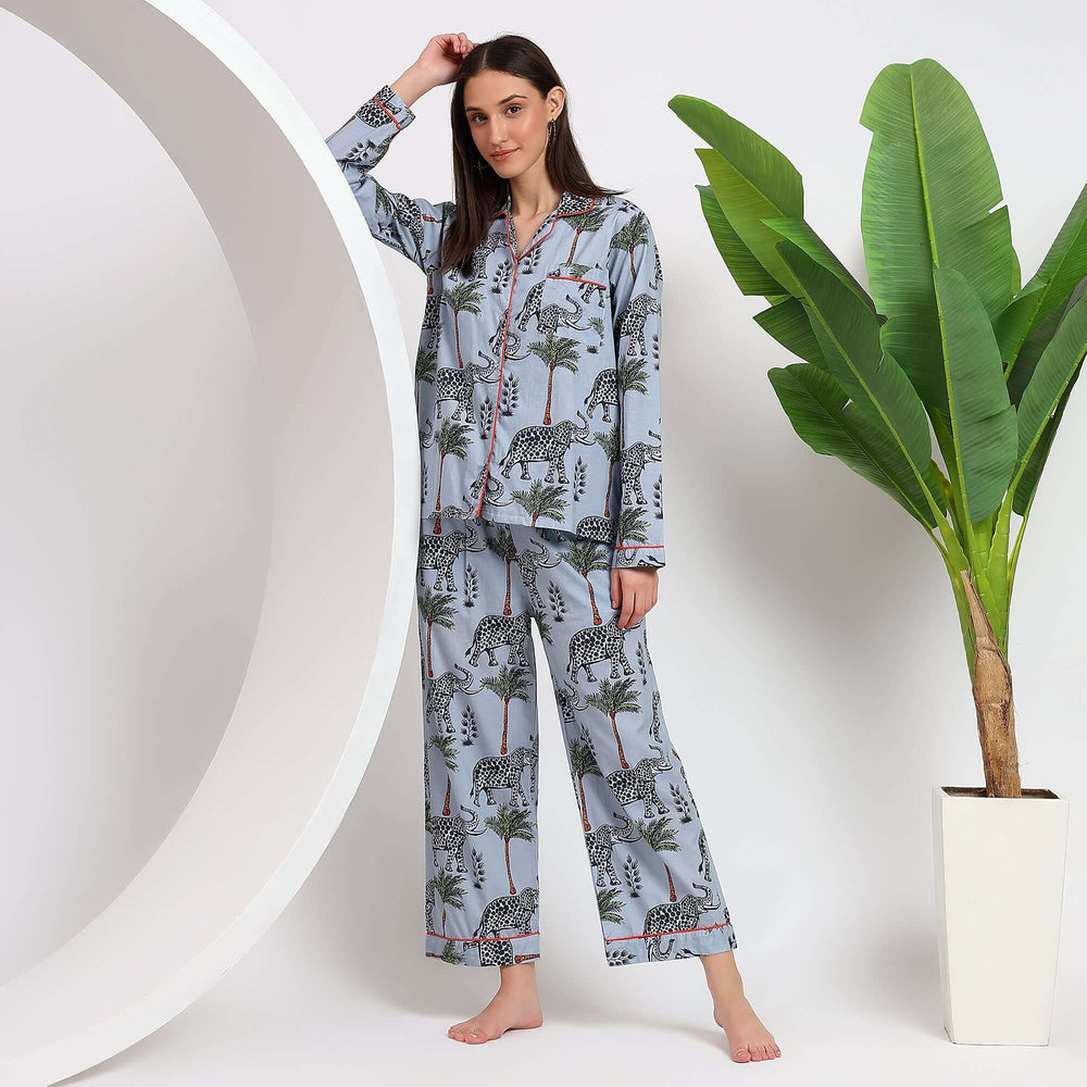 Elephant print cotton pajama set – block print PJs for women