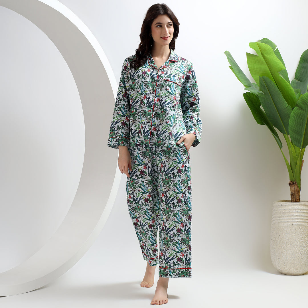 Tropical Print Matching Pajamas for Women – Floral Cotton PJ Set
