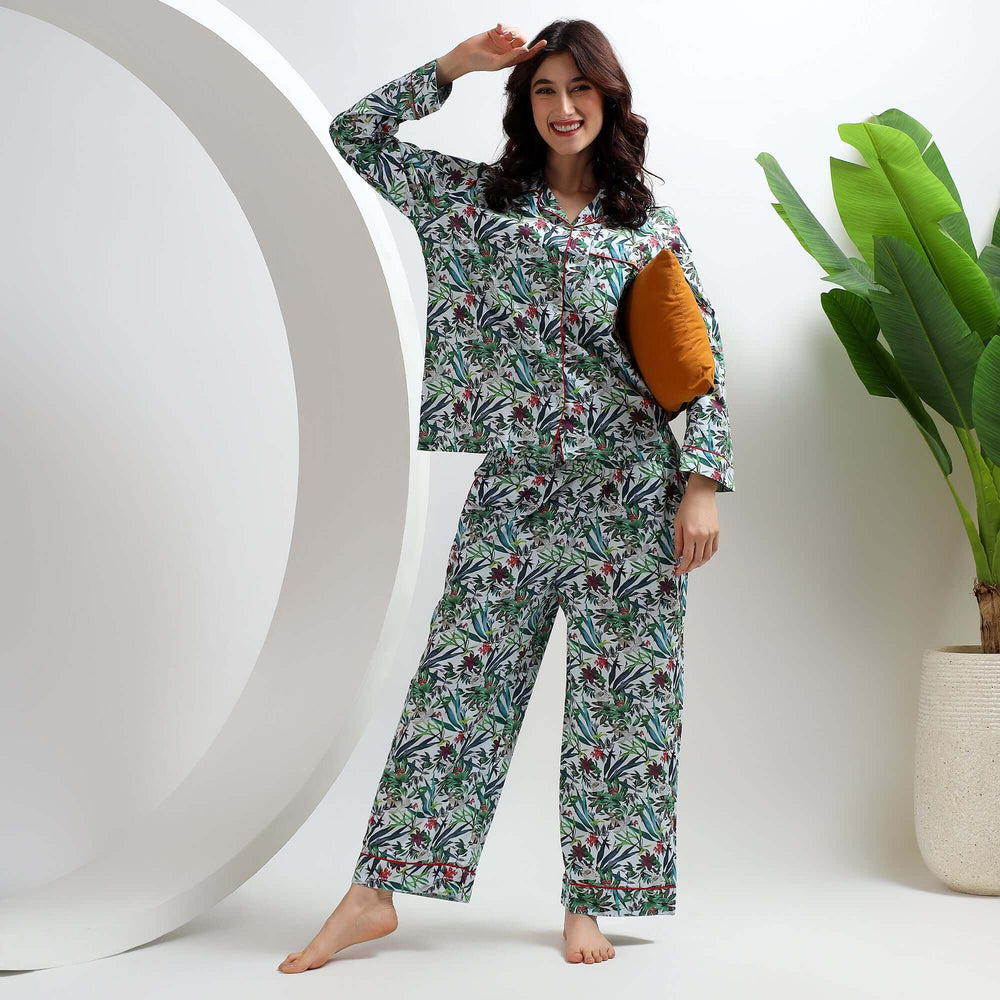 Floral print cotton pajamas for women featuring tropical design, ideal for sleepwear and lounging comfort.