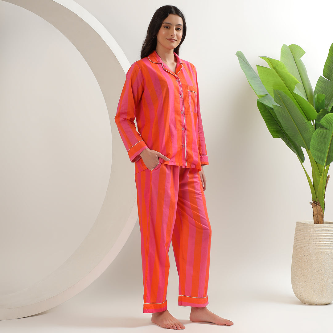 Block Print Cotton PJs & Pajamas – Striped Pajama Set for Women