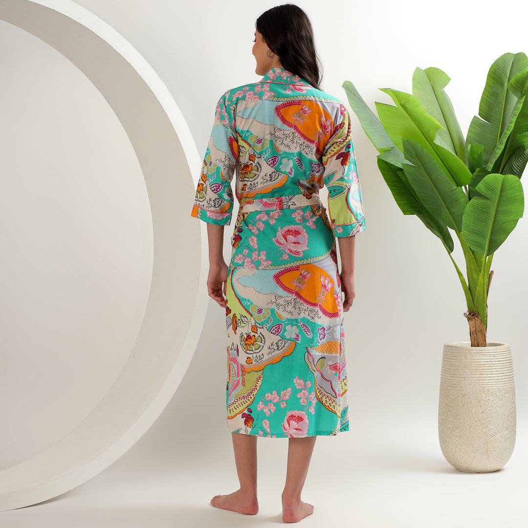 Boho style cotton kimono robe – handmade Indian block print gown