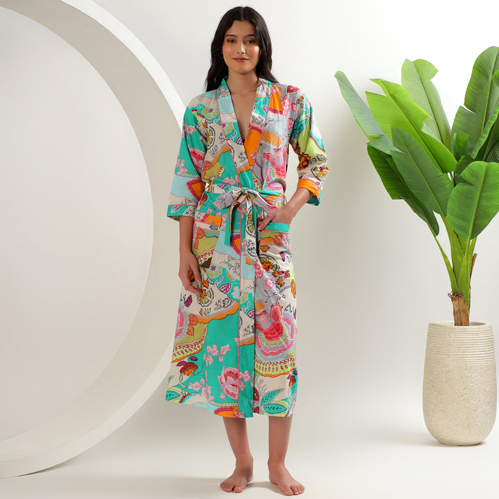 Lightweight cotton robe – handmade Indian block print kimono for women