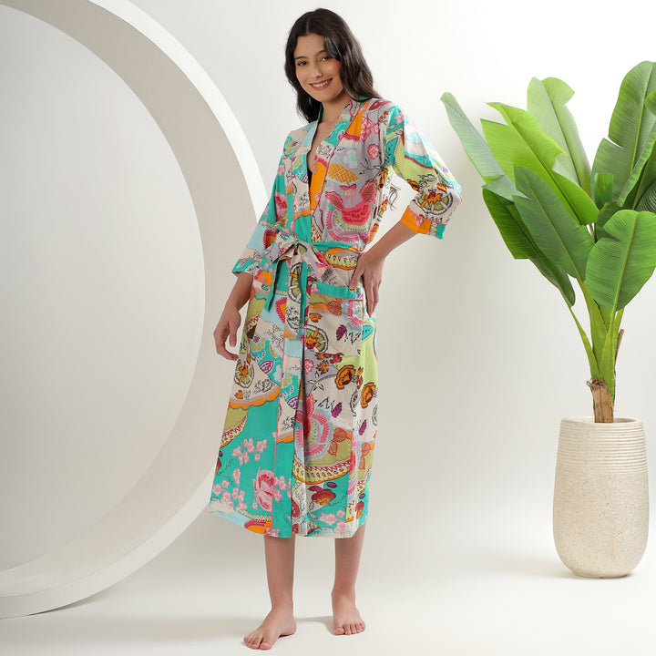 Floral block print cotton kimono – handmade women’s dressing gown