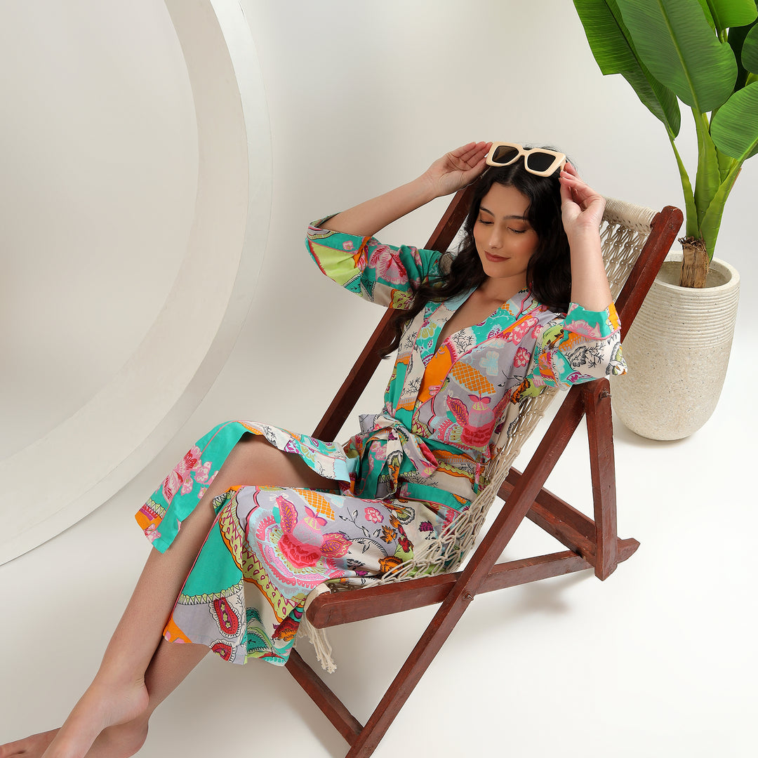 Handmade Indian block print cotton robe – women’s kimono dressing gown