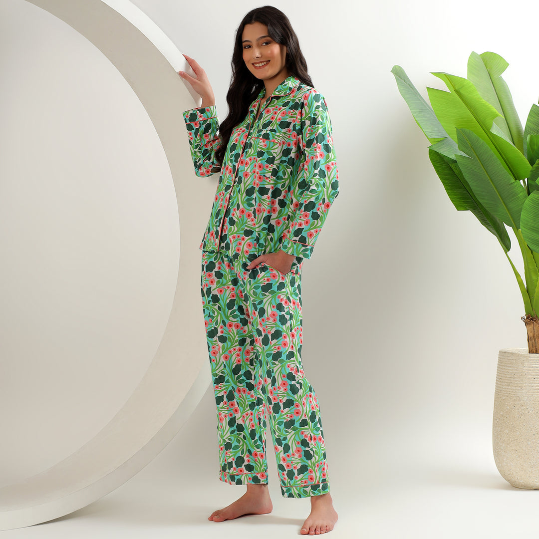 Handmade cotton floral pajama set – block print sleepwear