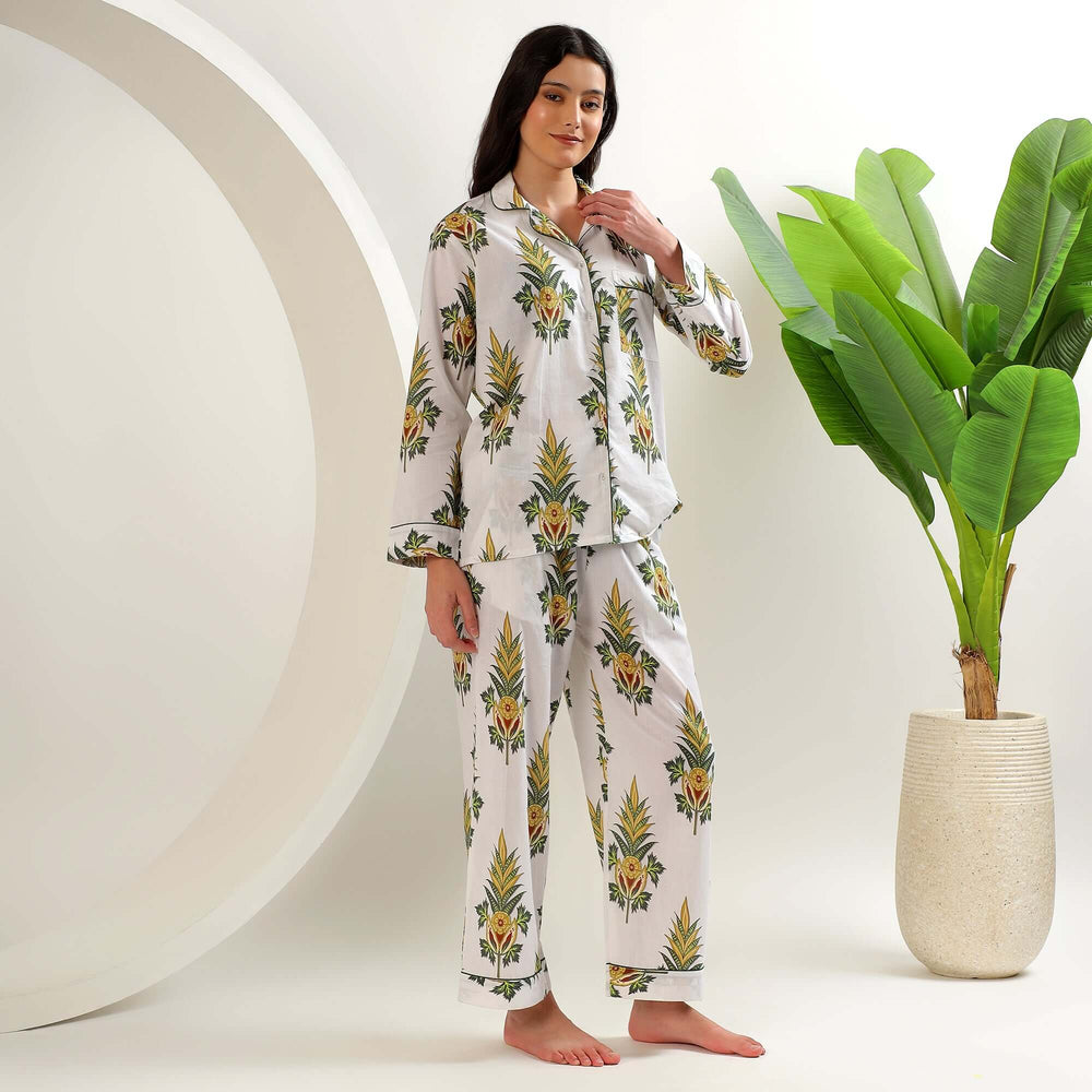 block print cotton pajamas for women featuring elegant floral block prints in a stylish and comfortable design.