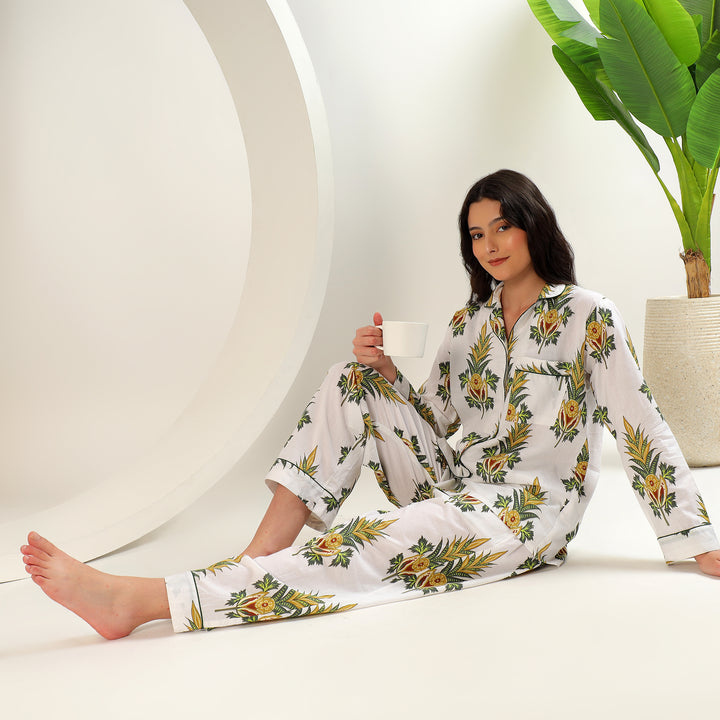 Women’s block print cotton pajama set – handmade floral PJs