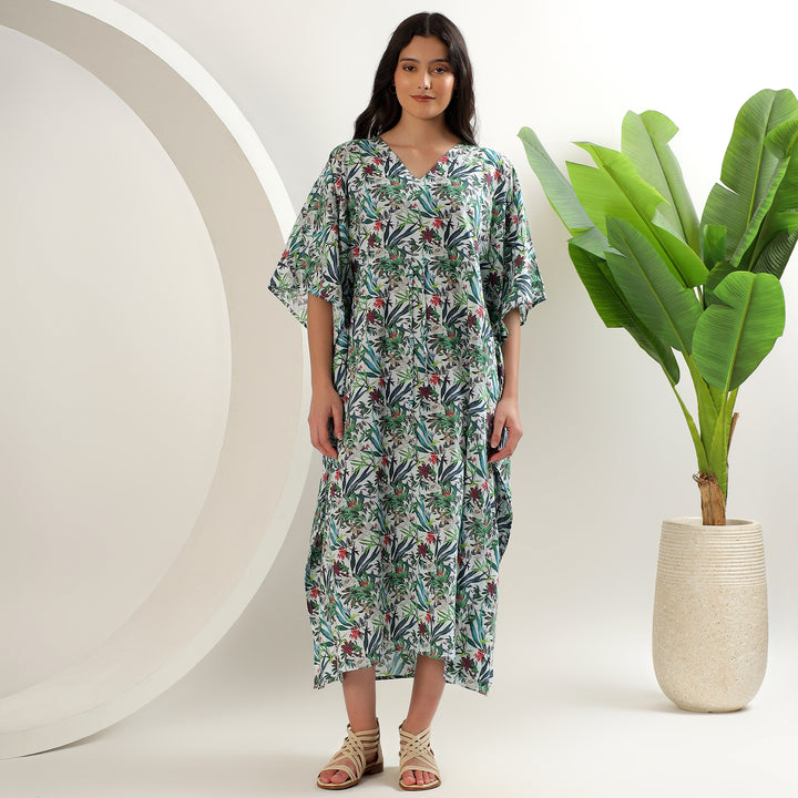 Tropical floral block print cotton kaftan for women