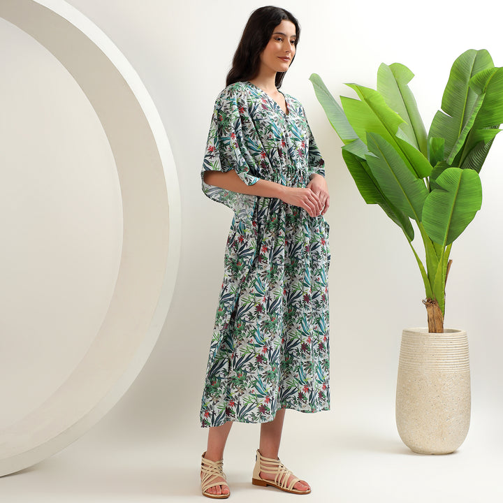 Summer resort kaftan with tropical floral patterns