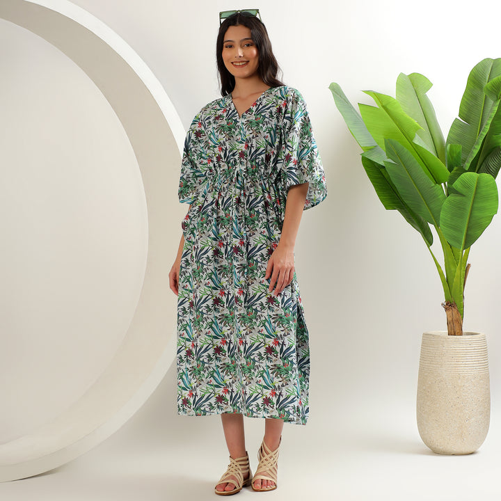 Tropical Floral Cotton Kaftan – Indian Block Print Dress