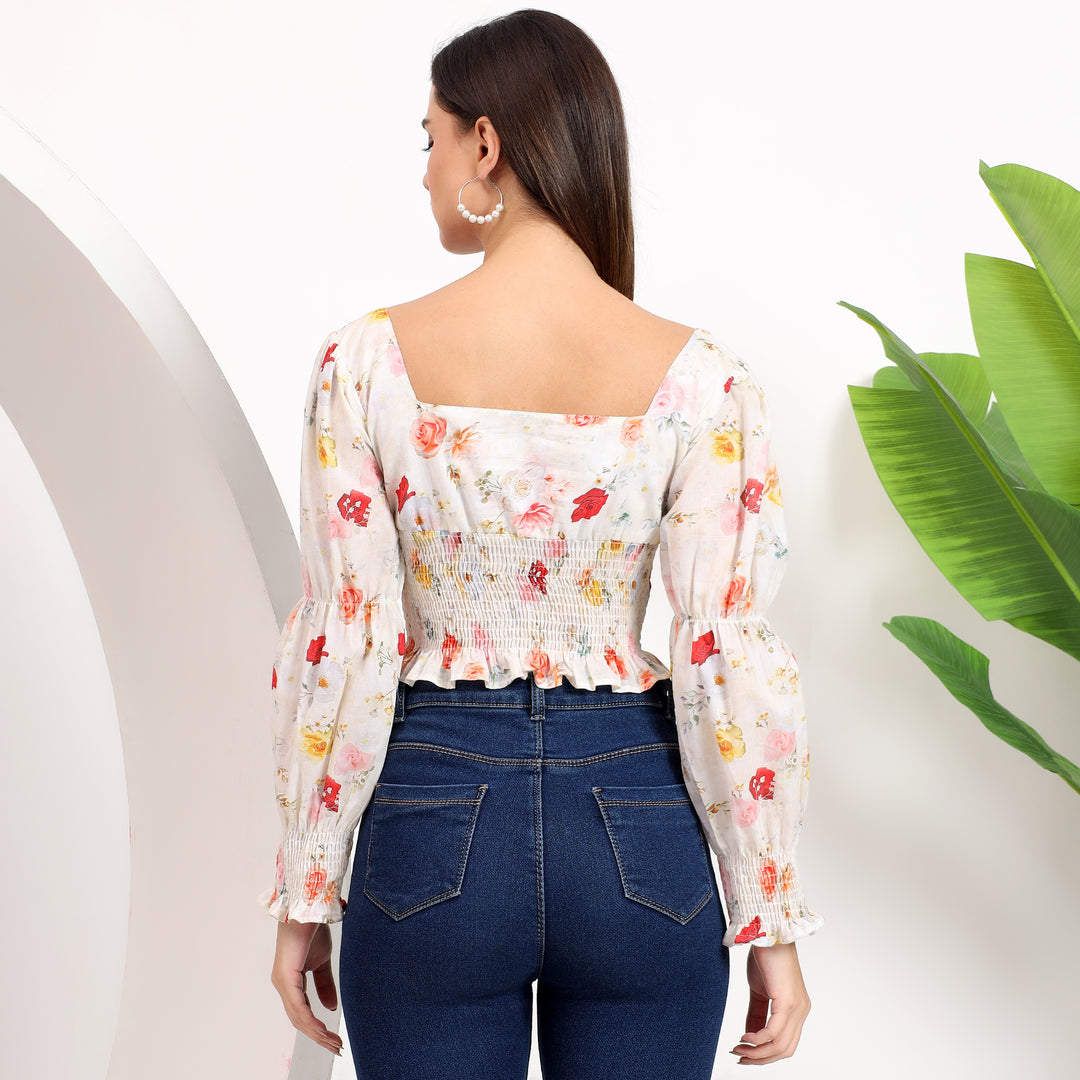 Square neck floral top with shirred detailing for a flattering fit