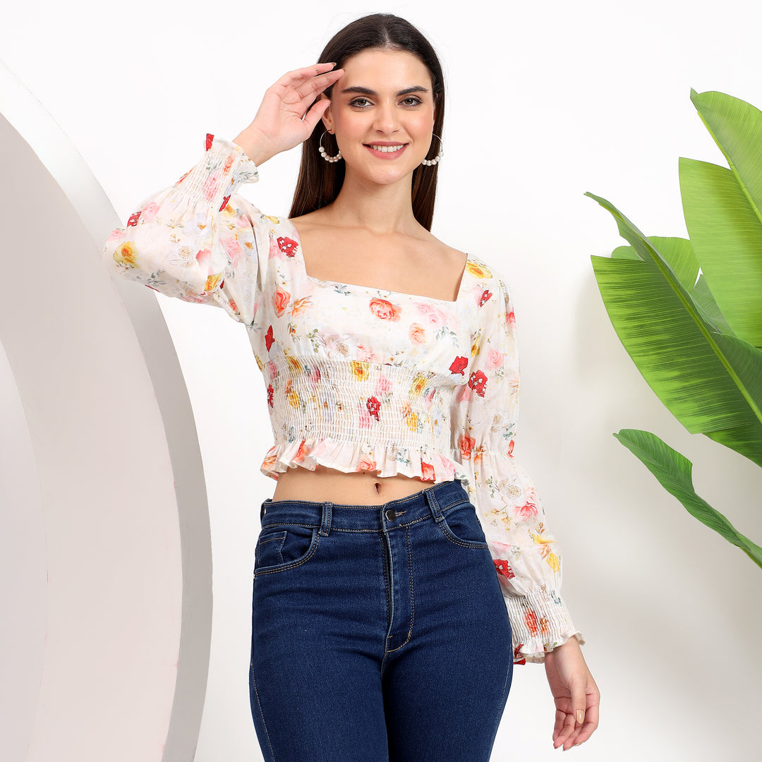 Floral print cropped top with square neck and bishop sleeves