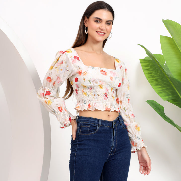 Versatile floral crop top blouse, ideal for pairing with skirts or trousers