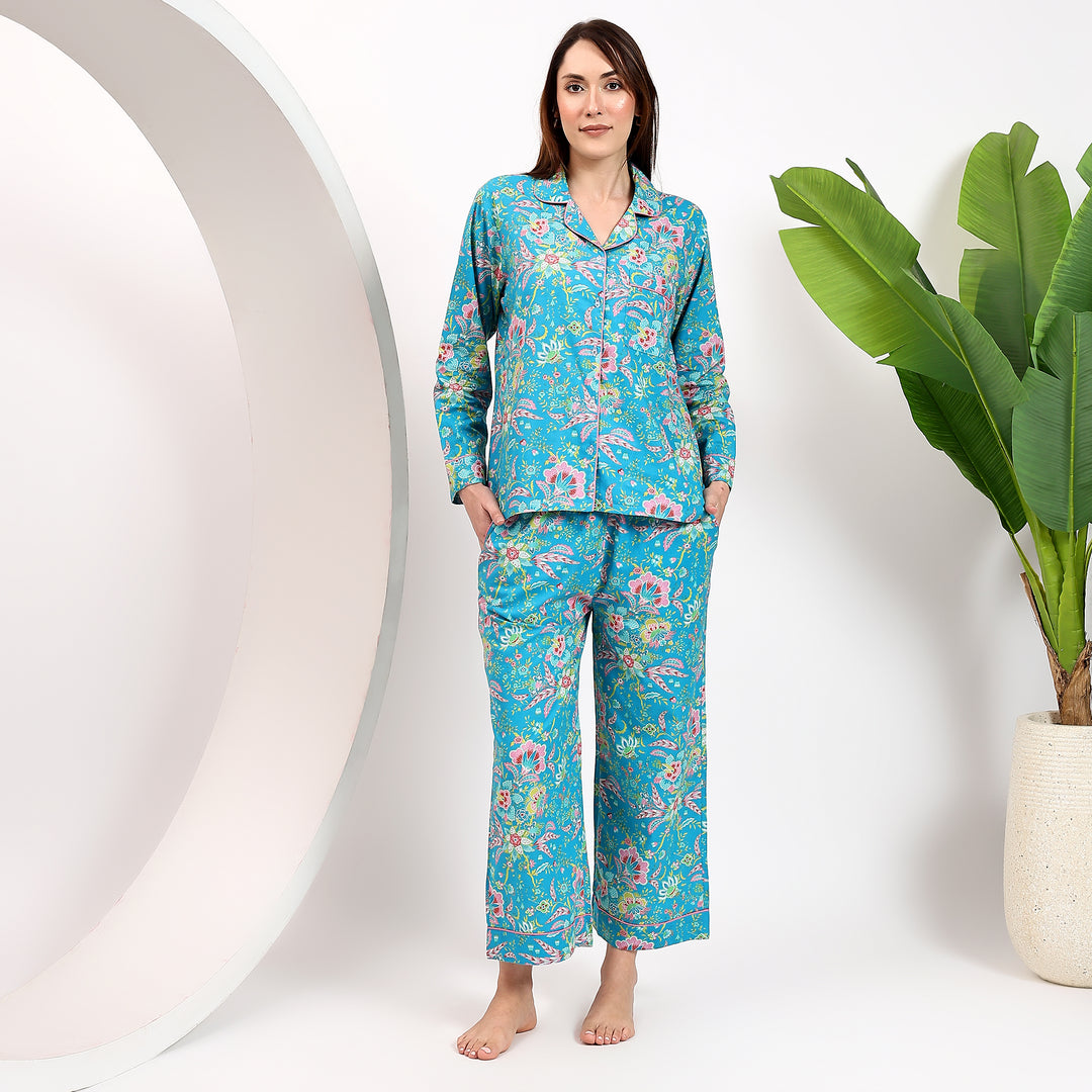 Comfortable floral cotton pajamas – handmade Indian block print PJs