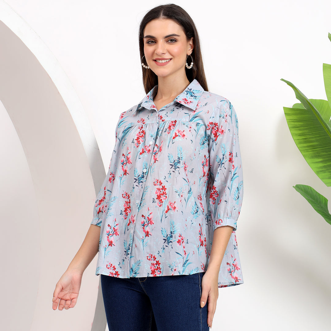 Long sleeve floral shirt with button-down closure for easy wear