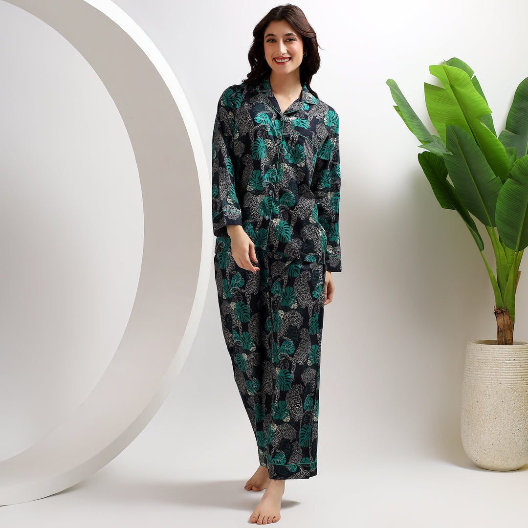 Animal print matching pajama set – cotton leopard PJs for women