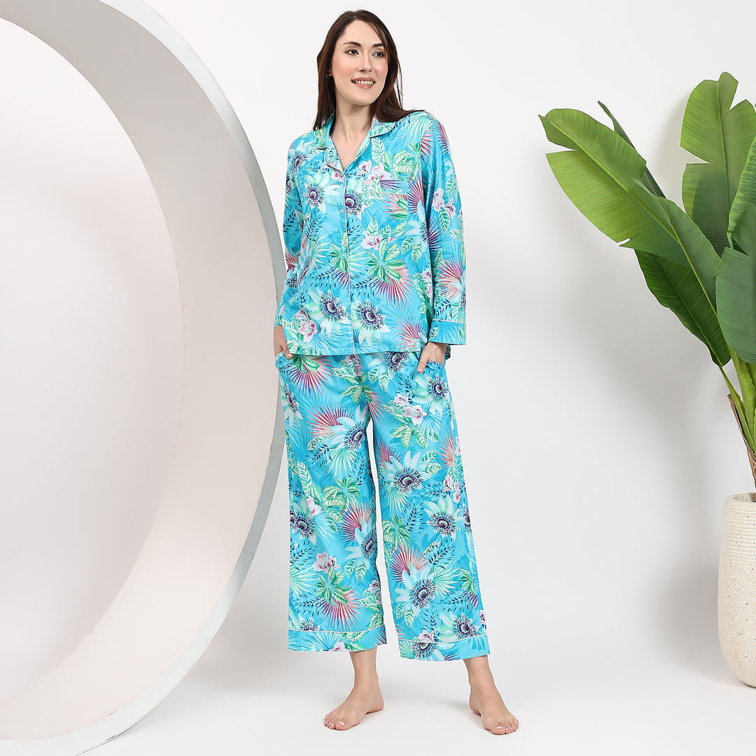 Women’s cotton PJ set – tropical print matching pajamas