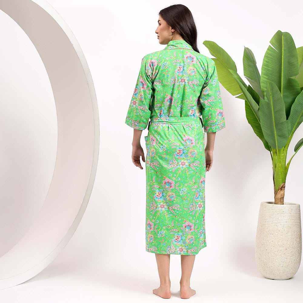 Oversized kimono robe – floral block print cotton dressing gown