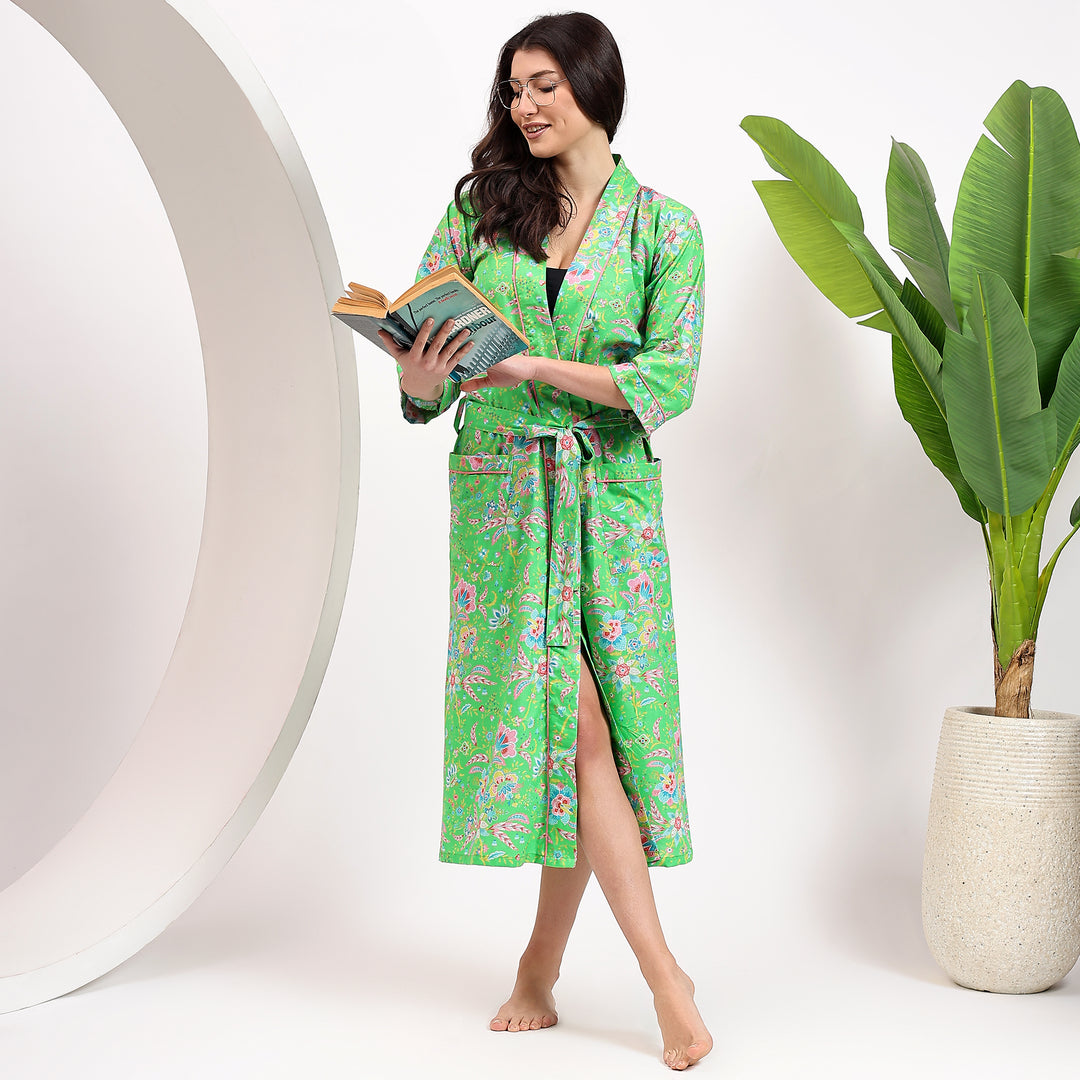 Oversized Kimono Robe Floral Block Print Cotton Dressing Gown 4XL / Blue Oversized Kimono Robe Floral Block Print Cotton Dressing Gown 4XL / Blue