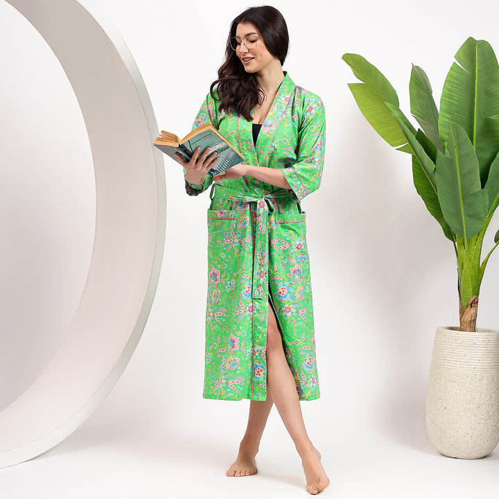 Oversized Kimono Robe – Floral Block Print Cotton Dressing Gown