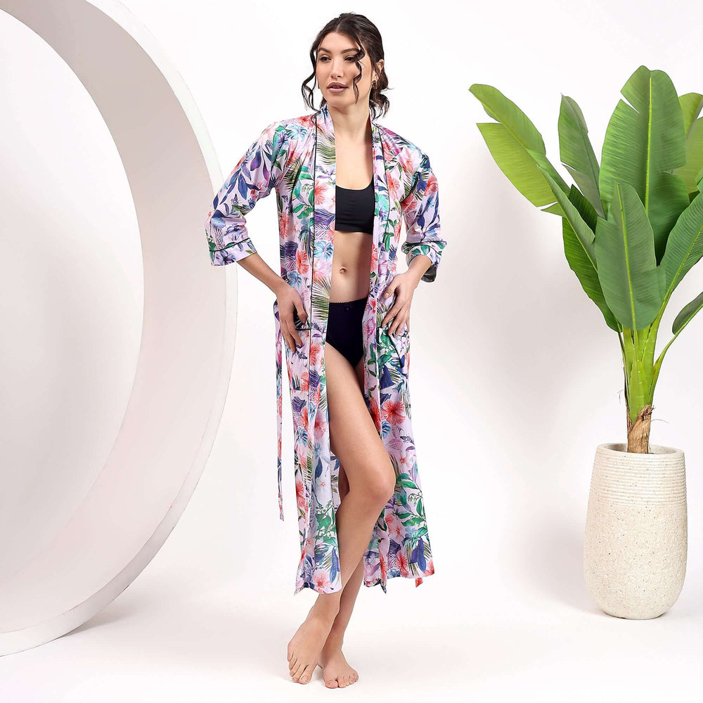 Tropical print cotton kimono robe – women’s dressing gown