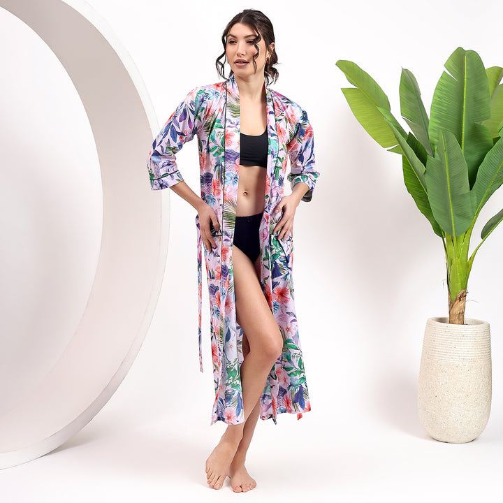 Tropical print cotton kimono robe – women’s dressing gown