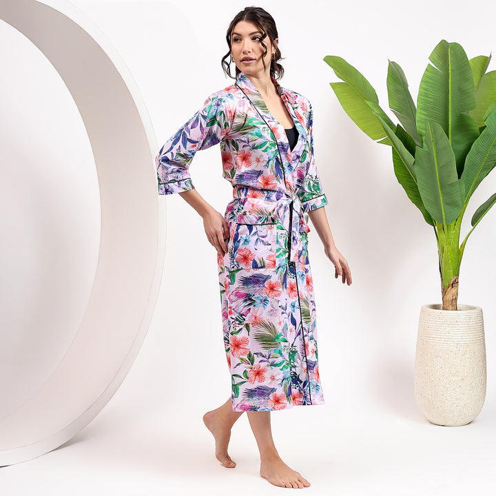 Women’s cotton dressing gown – tropical print kimono robe