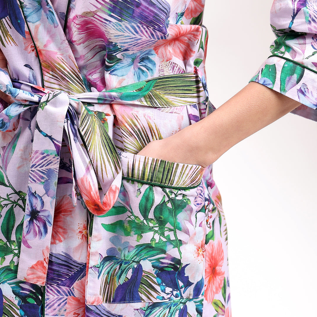 Boho tropical print robe – breathable cotton kimono style