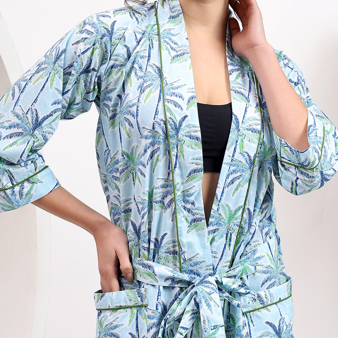 Lightweight boho kimono robe – tropical block print cotton gown