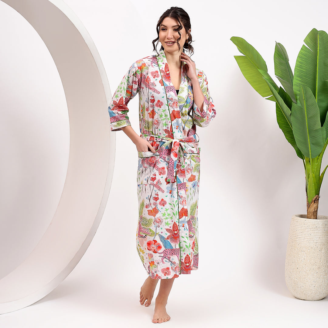 Tiger print cotton kimono robe – animal print dressing gown for women