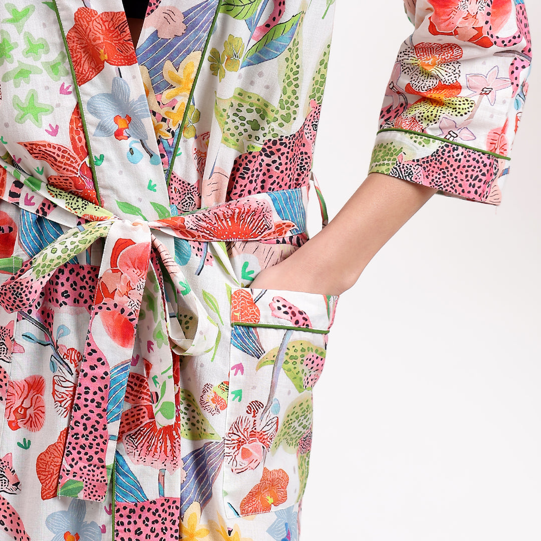 Boho animal print kimono robe – lightweight tiger cotton dressing gown