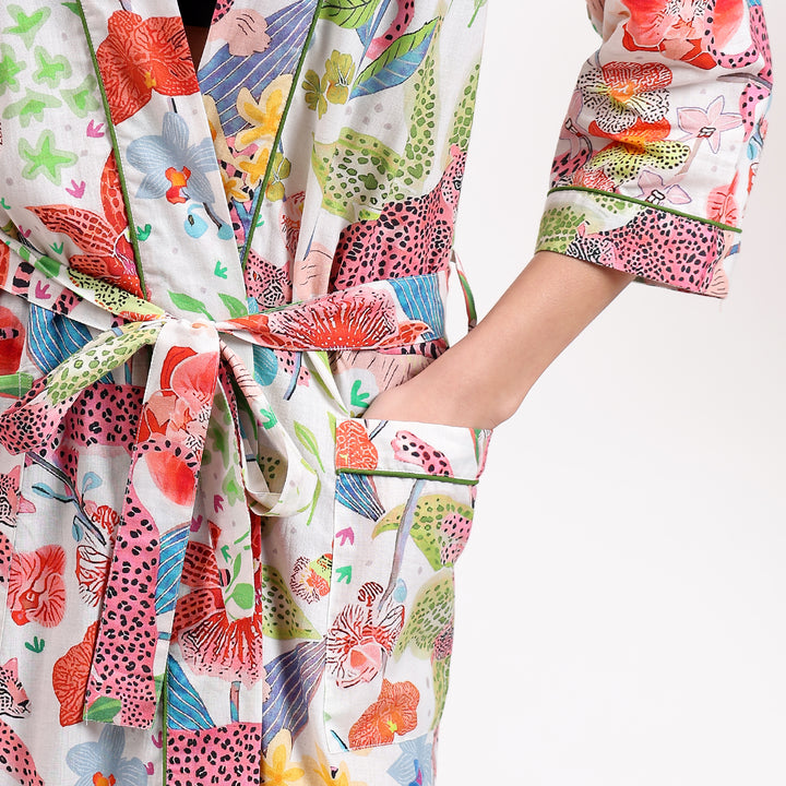 Boho animal print kimono robe – lightweight tiger cotton dressing gown