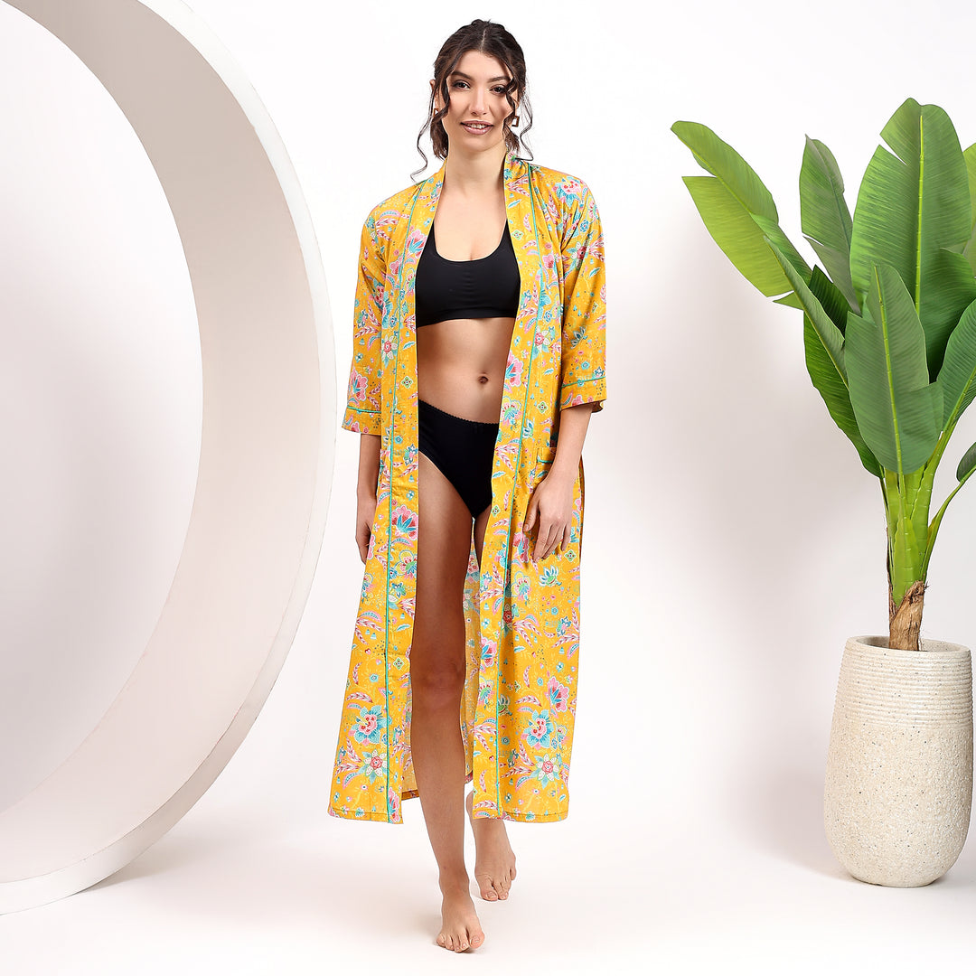 Floral Print Cotton Kimono Robe – Boho Dressing Gown for Women