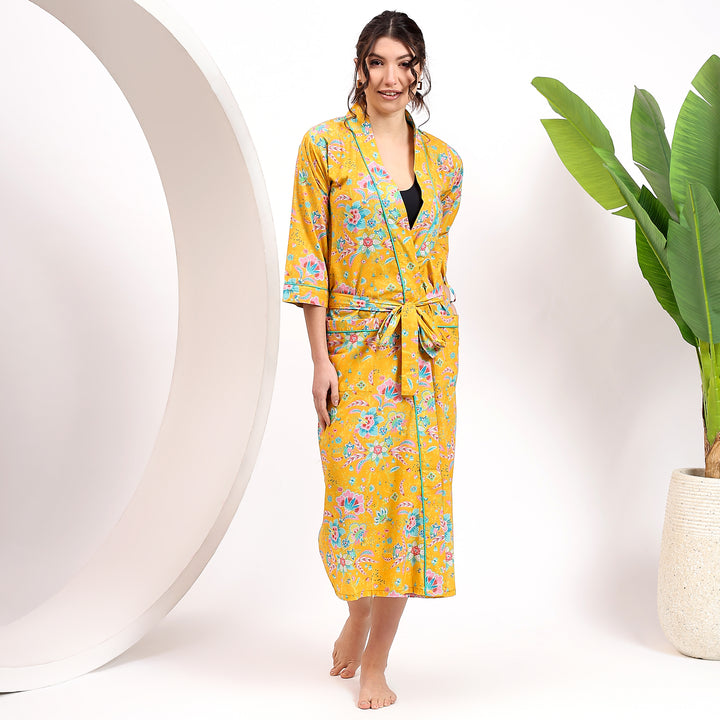 Floral Print Cotton Kimono Robe – Boho Dressing Gown for Women